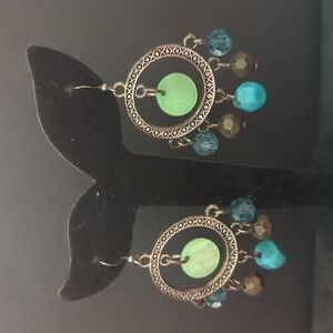 Silver Tone Blue and Green Shell and Bead Dangle Statement Earrings